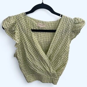Meraki Light Green & White Gingham Wrap Top